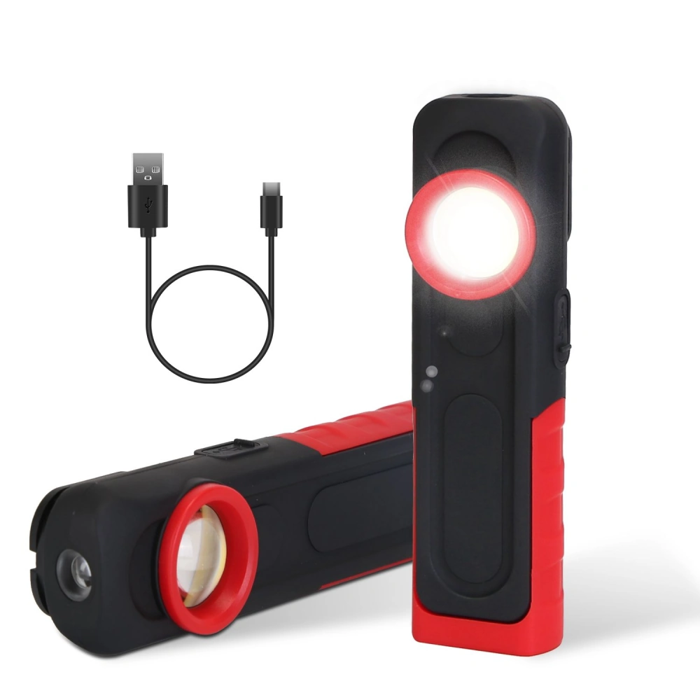 Rechargeable LED work light with USB charging cable, featuring a durable black and red design and bright illumination for versatile use.