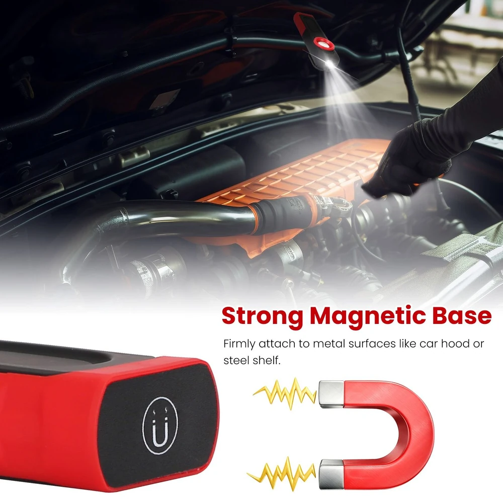 Magnetic LED work light with strong magnetic base, illuminating car engine compartment for easy repairs and maintenance.