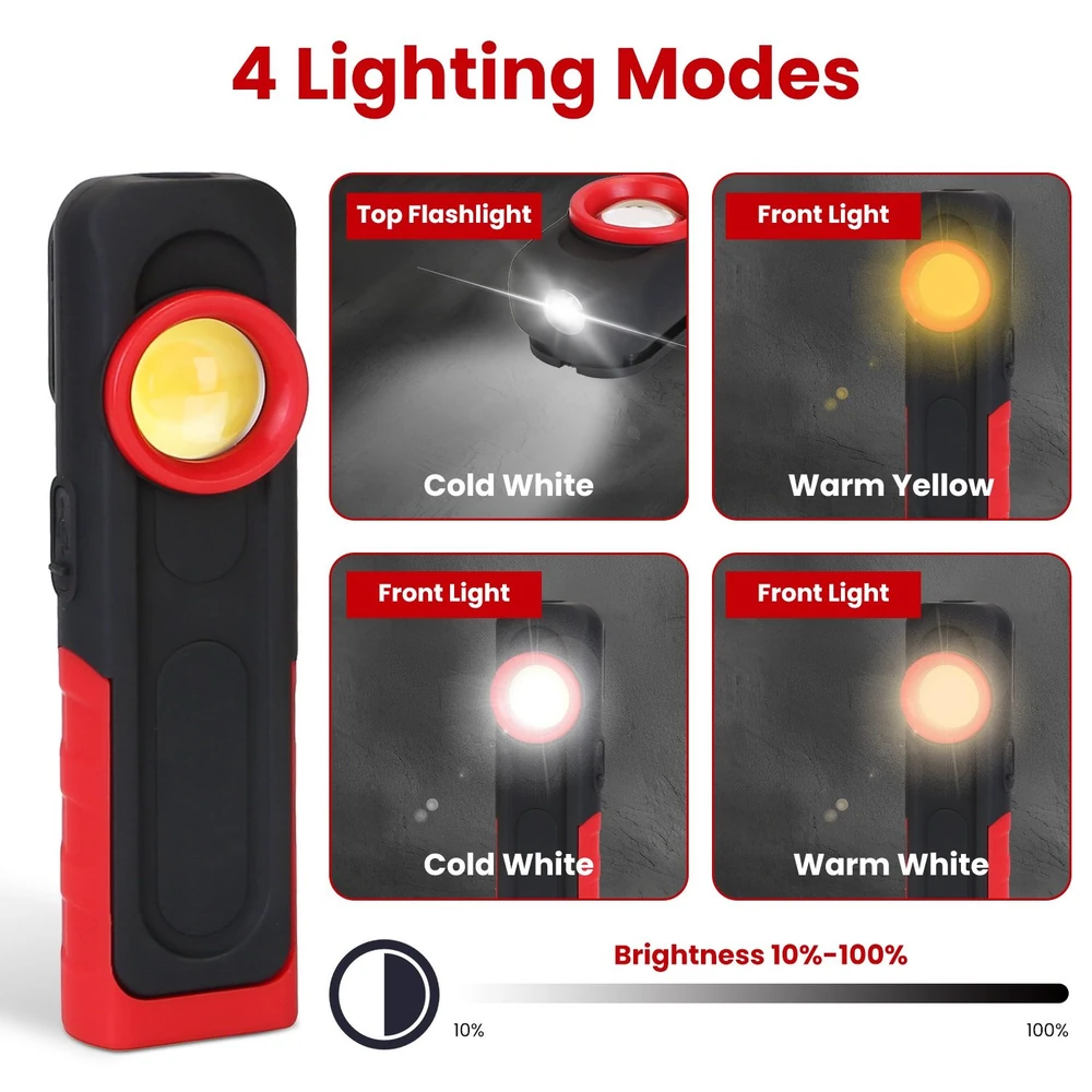 Multi-functional flashlight featuring four lighting modes: top flashlight and front light in cold white and warm yellow light options, ideal for various lighting needs.