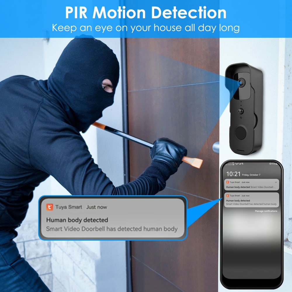 Smart video doorbell with PIR motion detection alerts homeowners of potential intruders; image shows a masked individual attempting to break into a house while a smartphone displays a motion detection notification.