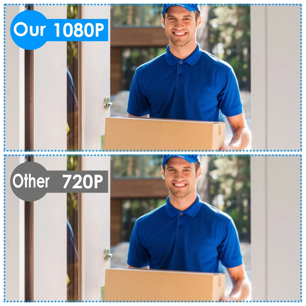 Delivery comparison image featuring a delivery person in a blue polo shirt holding a cardboard box, showcasing 1080P clarity above and 720P clarity below, emphasizing the superior quality of the top image.
