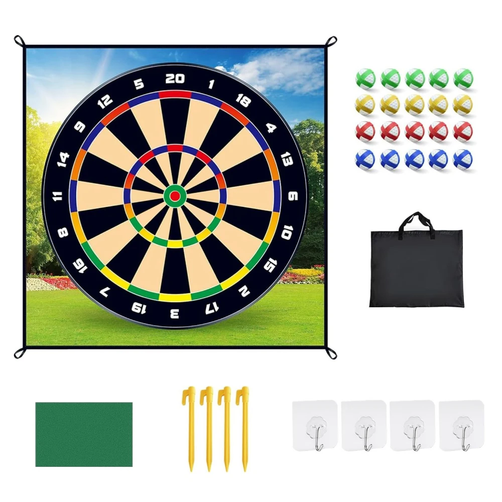 Colorful outdoor dartboard set with assorted balls, hooks, and storage bag, ideal for backyard games and family fun.