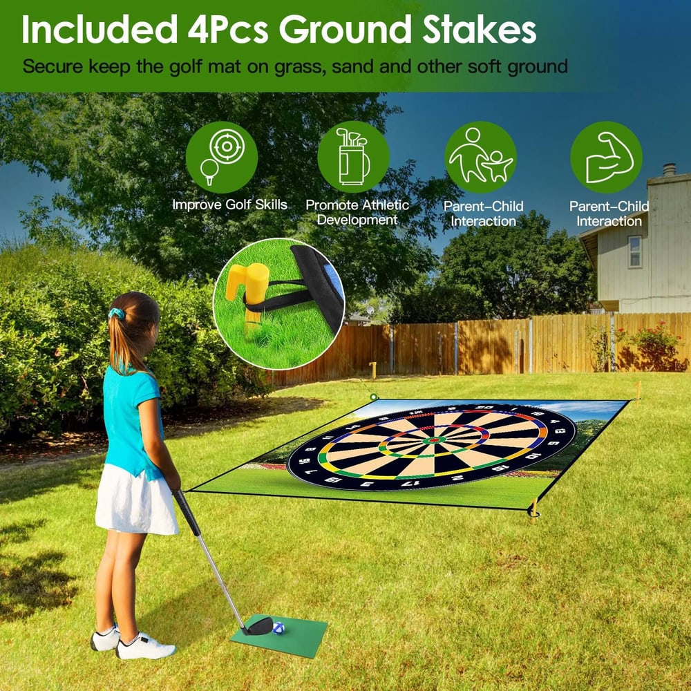 Child practicing golf skills on a grassy lawn with a golf mat and ground stakes, promoting athletic development and parent-child interaction.