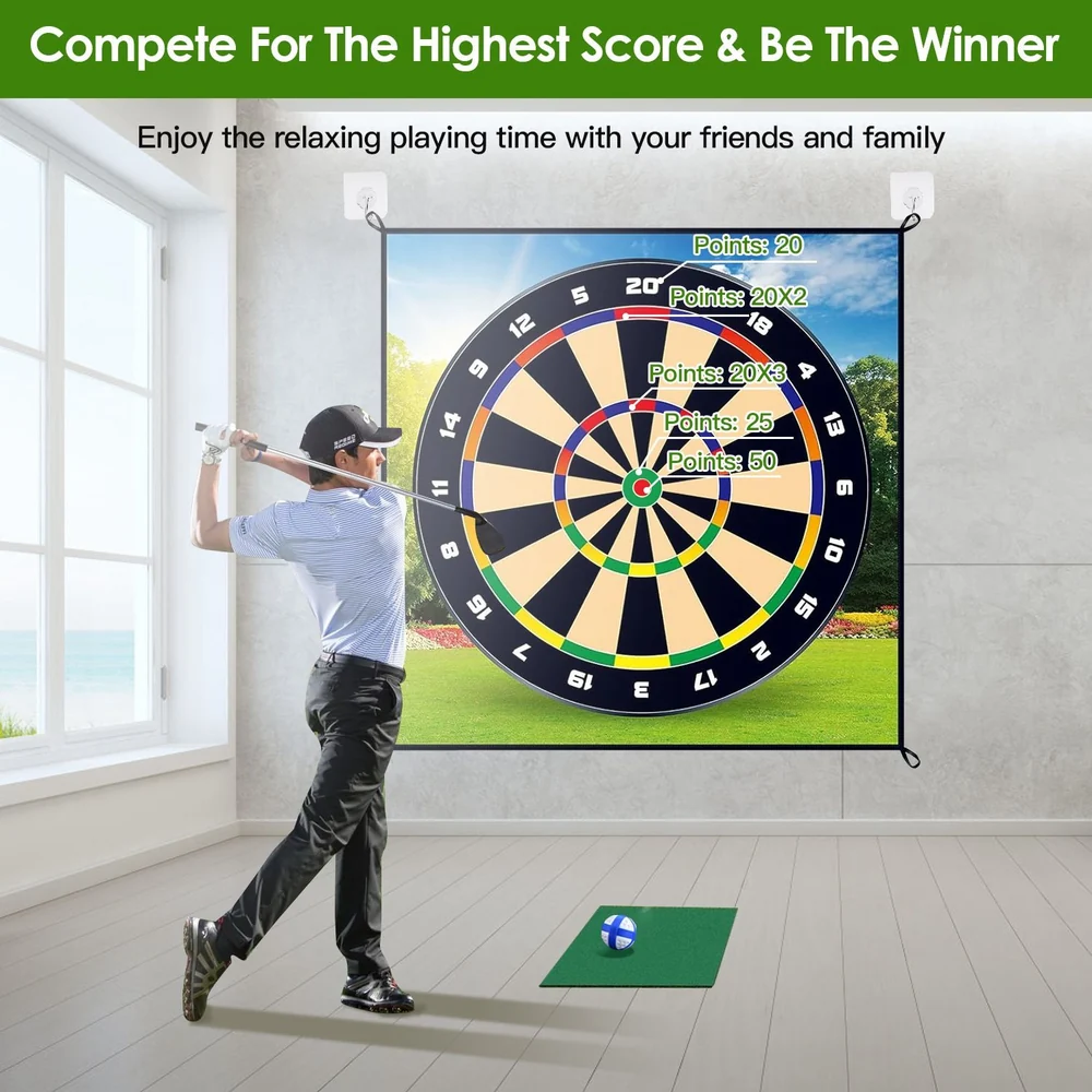 A golfer in a blue shirt and black pants swings a club towards a colorful dartboard displayed on the wall, with a golf ball on the green mat in front of him, emphasizing competitive fun for family and friends.