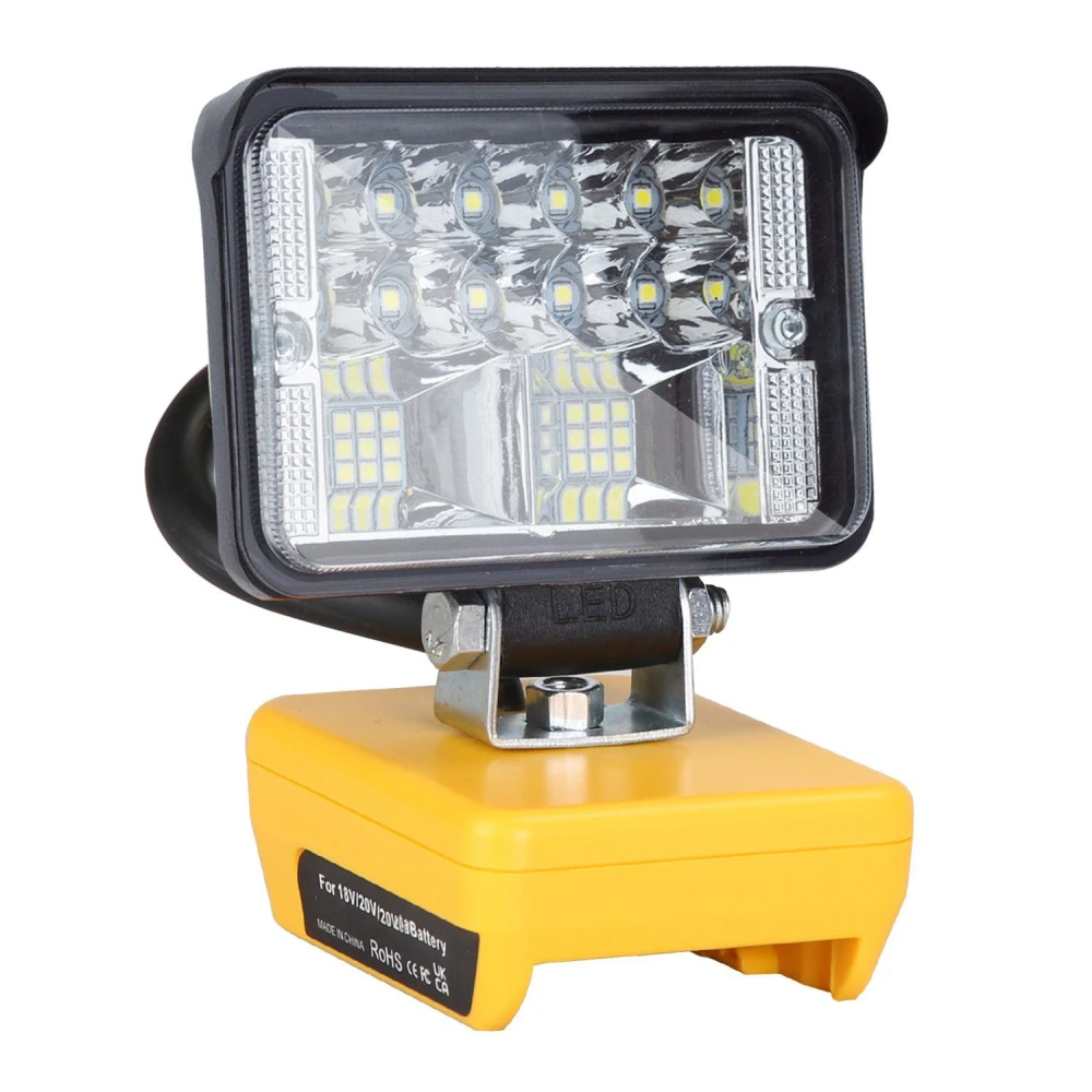 LED work light with a sturdy yellow base and multiple bright LED lights, ideal for outdoor use and ensuring visibility in dark environments.