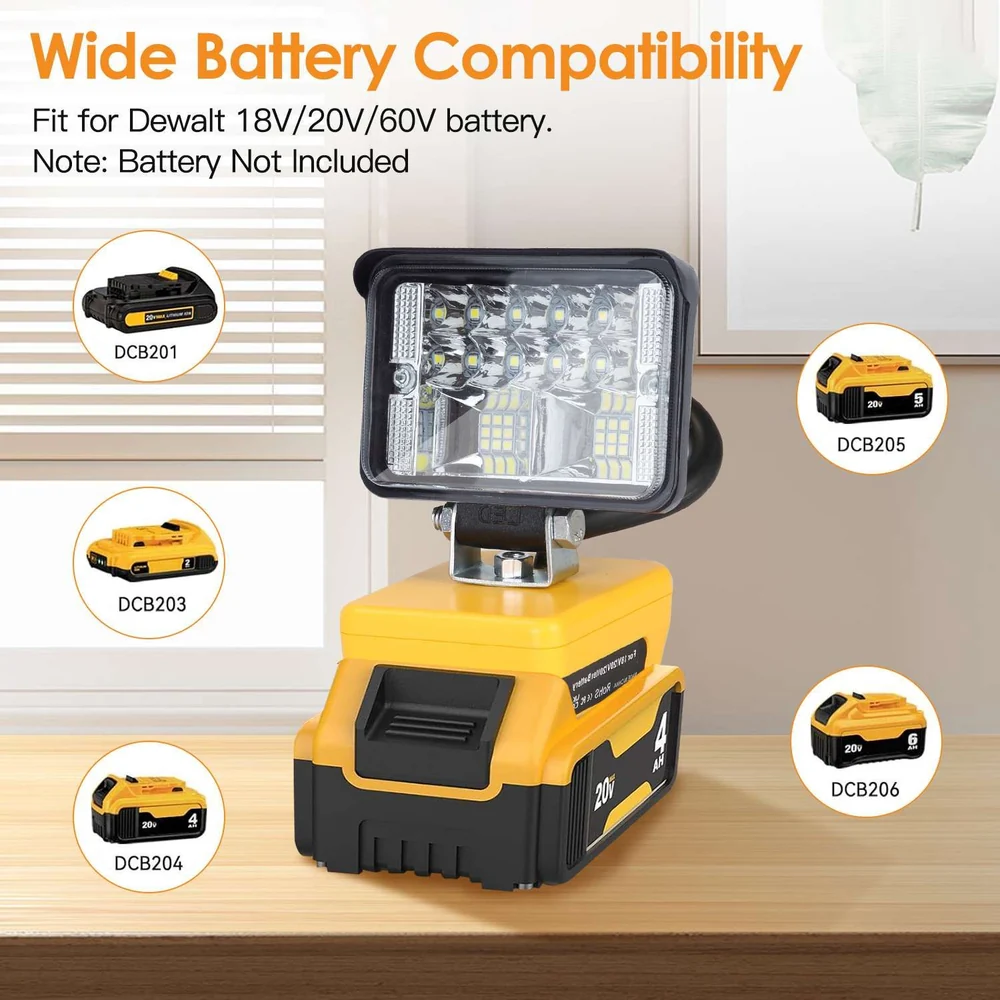 High-brightness portable floodlight featuring wide compatibility with Dewalt 18V, 20V, and 60V batteries, designed for versatile lighting solutions (battery not included).