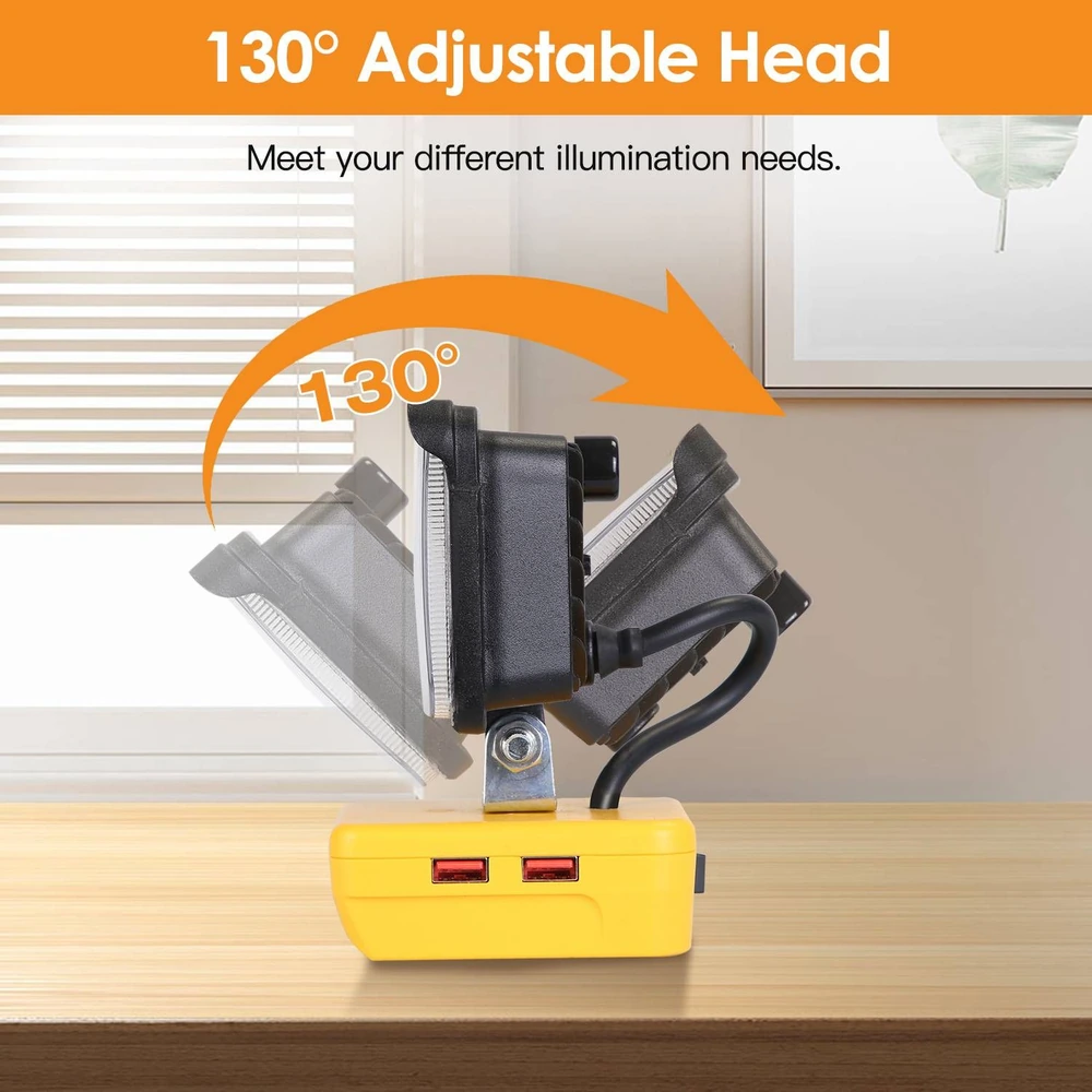 Adjustable LED desk lamp with a 130° rotating head and USB charging ports for versatile illumination needs.