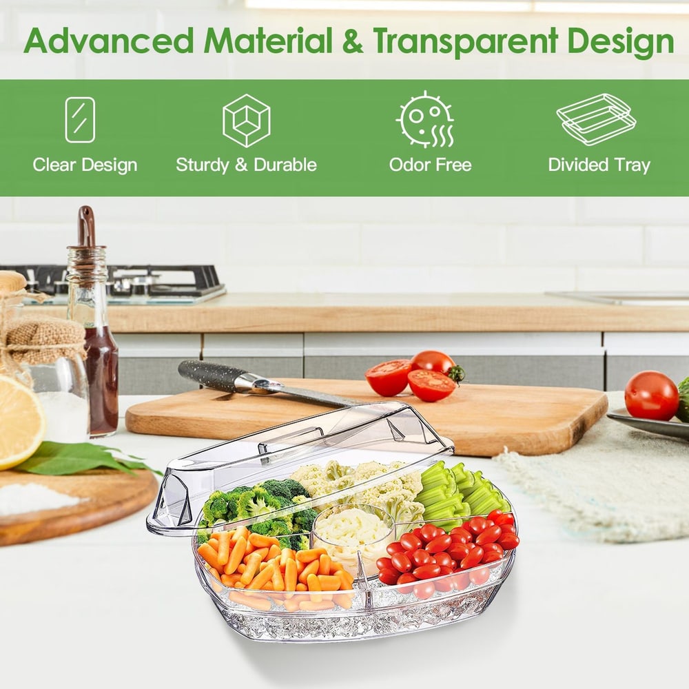 Clear divided food storage container filled with fresh vegetables including broccoli, carrots, cherry tomatoes, and celery, set against a modern kitchen backdrop.