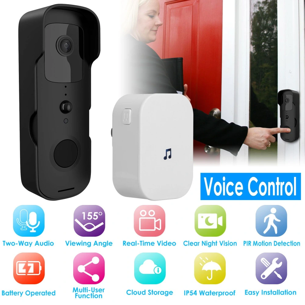 Wireless smart doorbell with camera, featuring two-way audio, 155° wide viewing angle, night vision, and PIR motion detection, displayed next to a white chime device, with a person pressing the doorbell on a red front door.