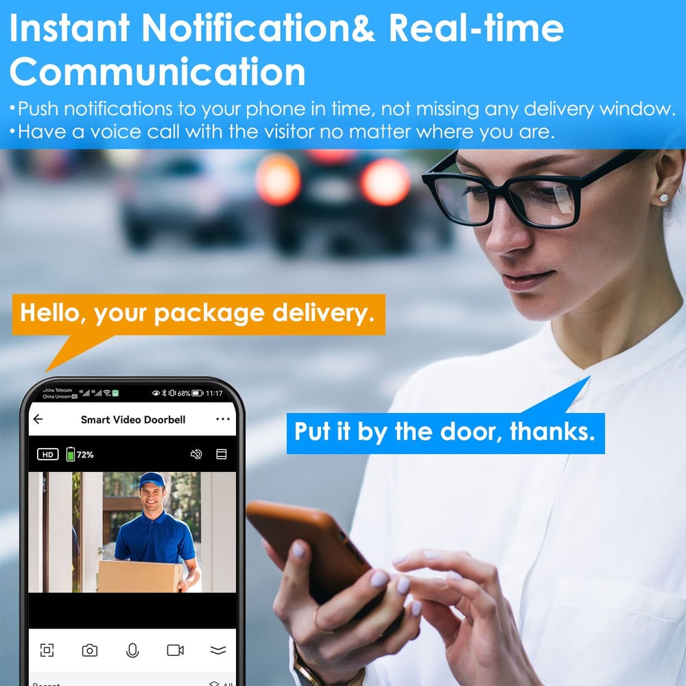 Image of a person using a smartphone to communicate with a delivery person via a smart video doorbell, displaying real-time notifications and messages about package delivery.