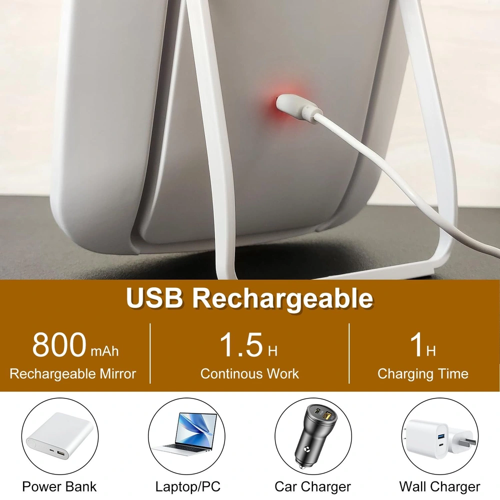 USB rechargeable mirror with 800mAh capacity, featuring a charging indicator light, and compatibility with power banks, laptops, car chargers, and wall chargers.