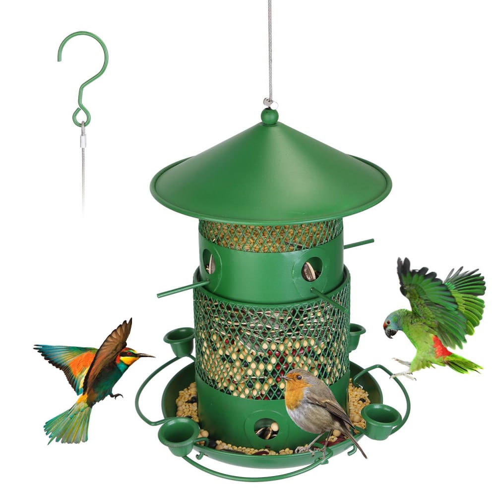 Bird feeder in green metal design with hanging hook, surrounded by colorful birds including a robin, a green parrot, and a vibrant hummingbird, perfect for attracting various bird species to your garden.