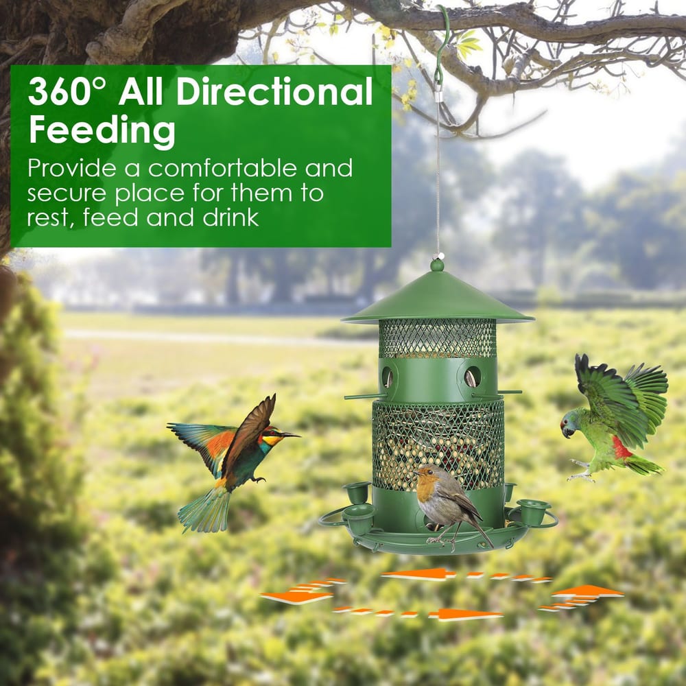 Green bird feeder for 360° all directional feeding, featuring colorful birds resting and feeding, set in a natural outdoor environment with trees and grass in the background.
