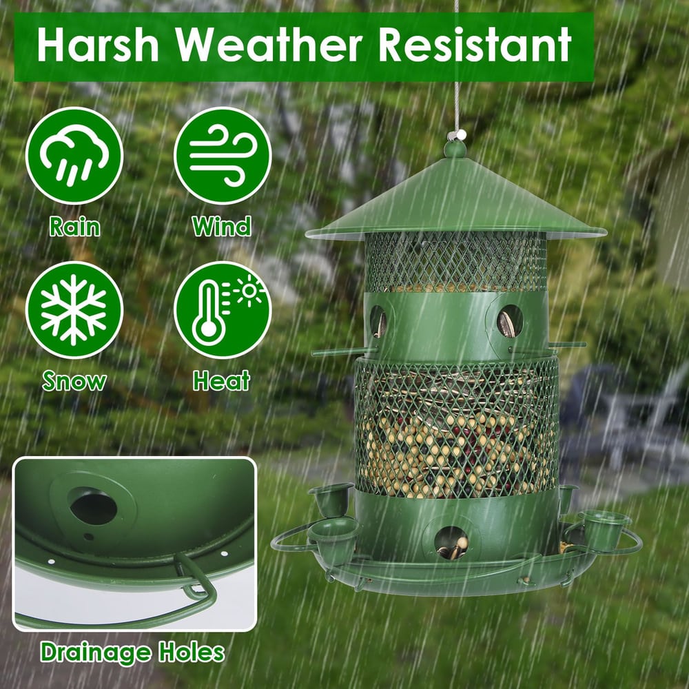 Harsh weather resistant bird feeder in green with drainage holes, suitable for rain, wind, snow, and heat, designed for year-round outdoor use.