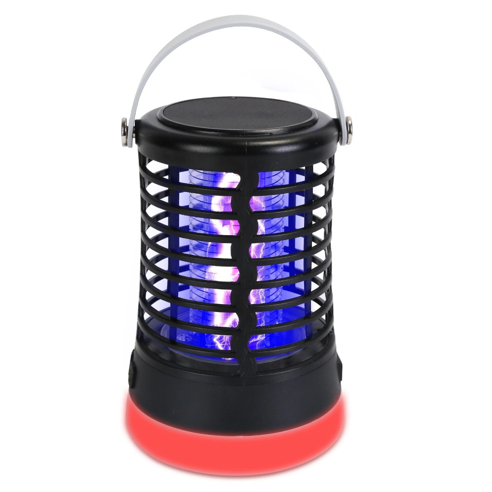 Portable insect zapper lantern with a sleek black design, featuring a blue light for attracting and eliminating pests and a convenient handle for easy transport.
