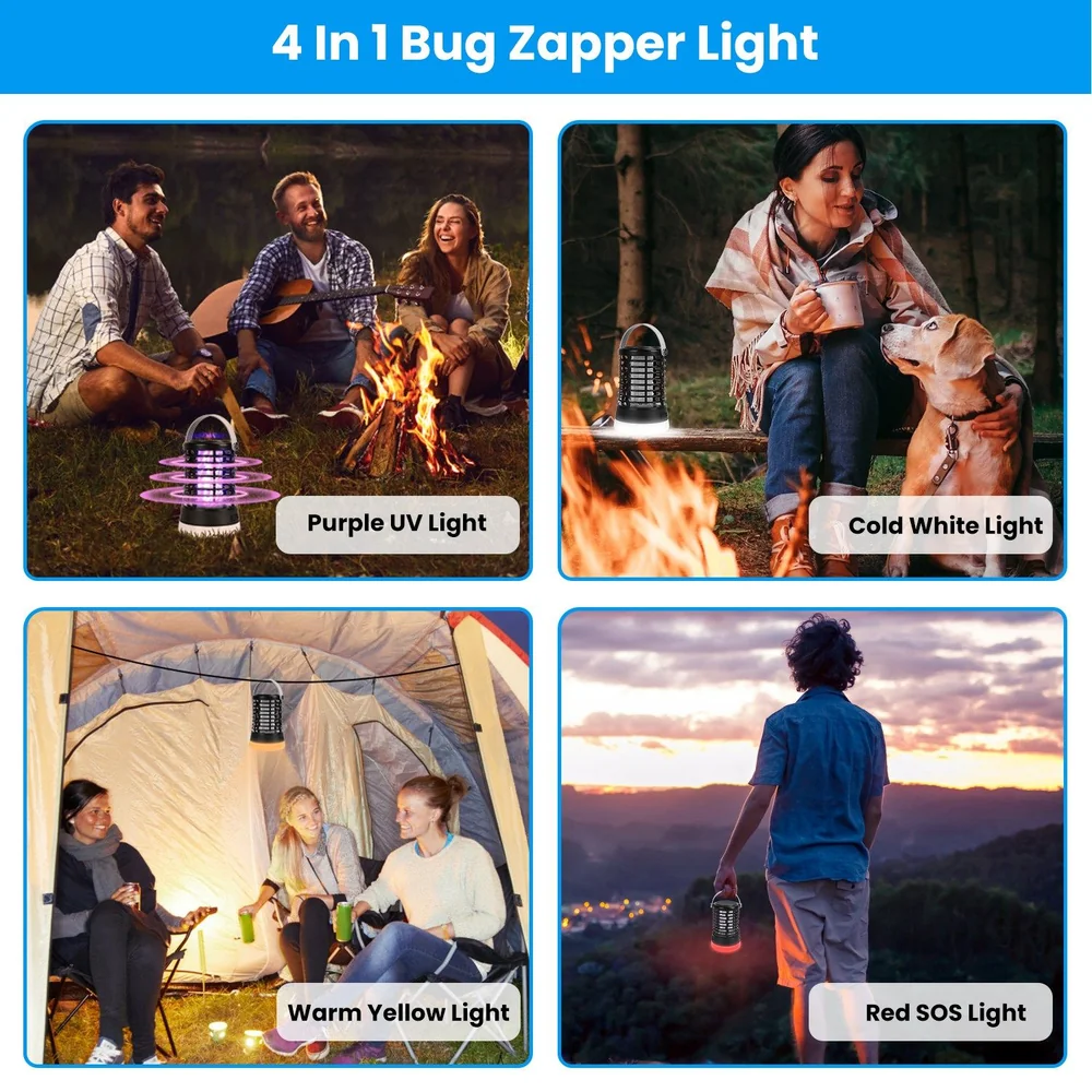 4-in-1 Bug Zapper Light displaying its various lighting modes: Purple UV light for insect attraction, Cold white light for illumination, Warm yellow light for comfort, and Red SOS light for emergencies, showcased in outdoor settings with people enjoying a campfire and a tent.