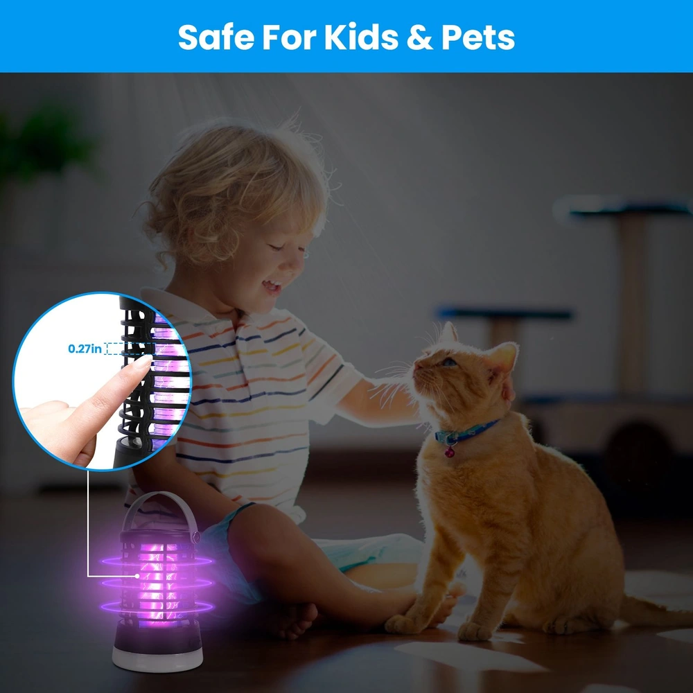 Child sitting on the floor next to a cat, interacting with a small, purple-lit insect repellent device labeled as "Safe For Kids & Pets," emphasizing safety and comfort for children and animals.