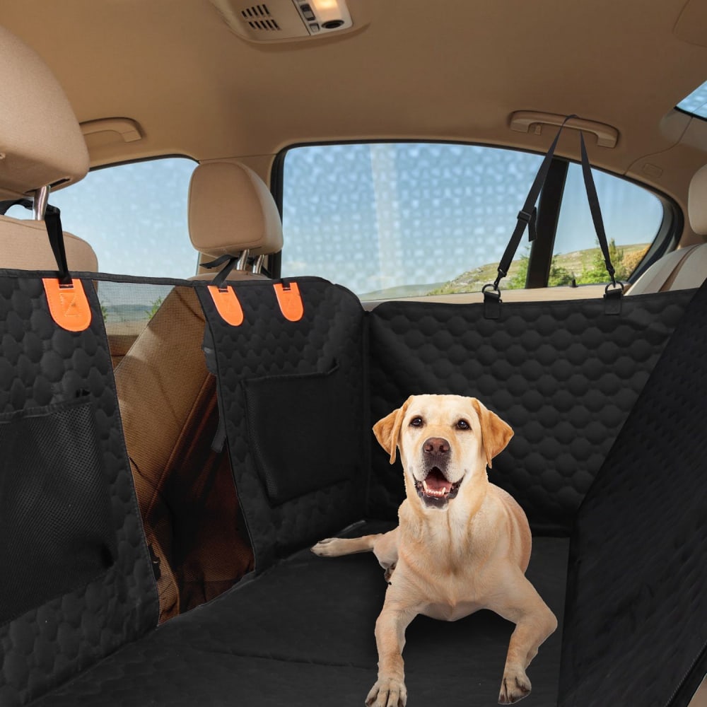 Durable black pet car seat cover with quilted design, featuring orange straps for secure attachment, protecting car seats from dirt and pet hair, and providing comfort for traveling dogs.