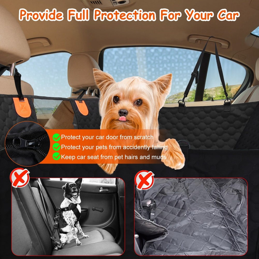 Car pet seat cover with protective features against pet hairs and mud, preventing pets from falling and keeping the car clean and safe, with visuals highlighting its benefits.
