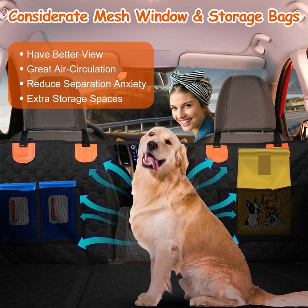 Dog car seat cover with mesh window and storage bags, featuring a golden retriever sitting comfortably, promoting better view, air circulation, and reduced separation anxiety while traveling.