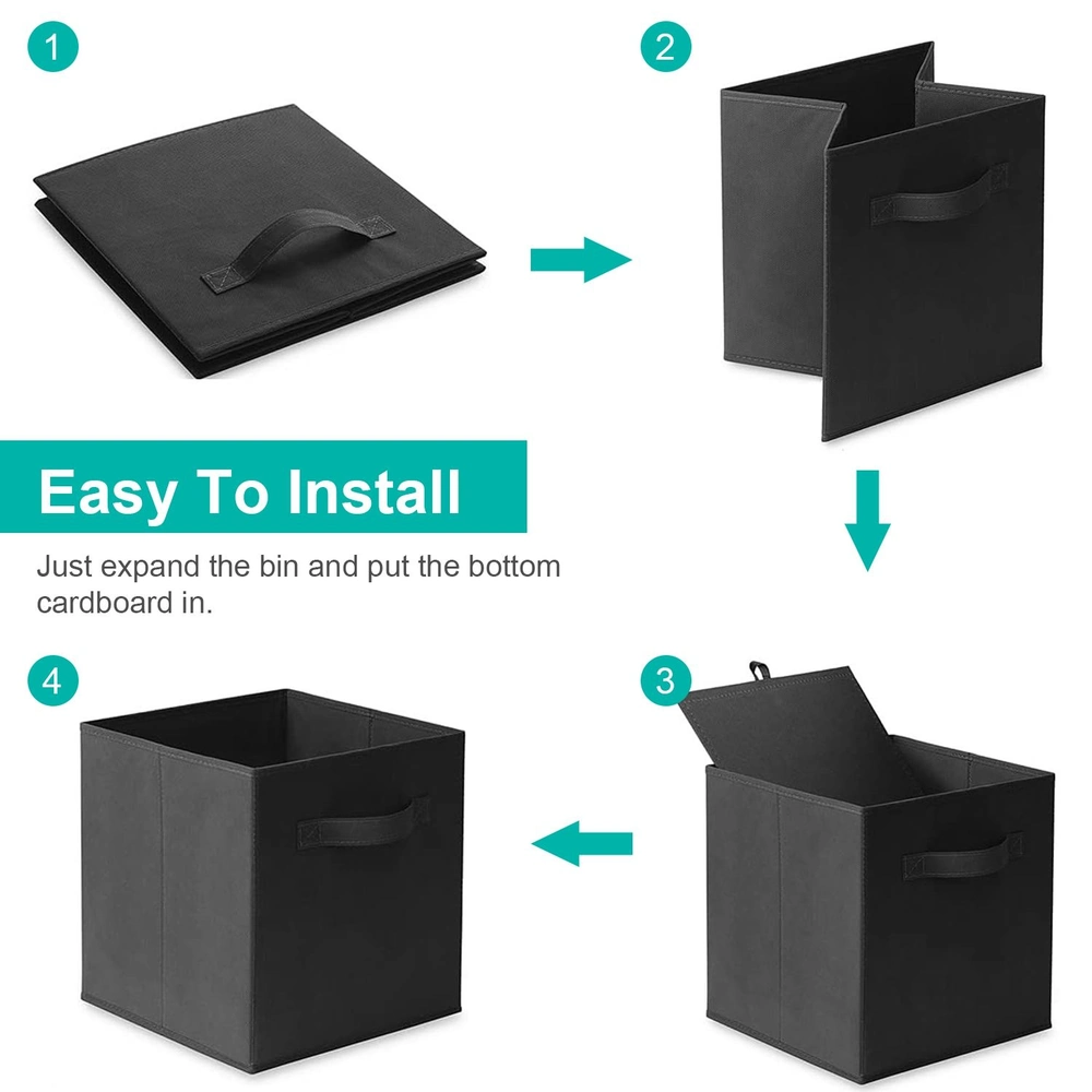 Step-by-step guide for easily installing a collapsible storage bin, featuring a black fabric design and clear instructions on expanding and setting up the bin.