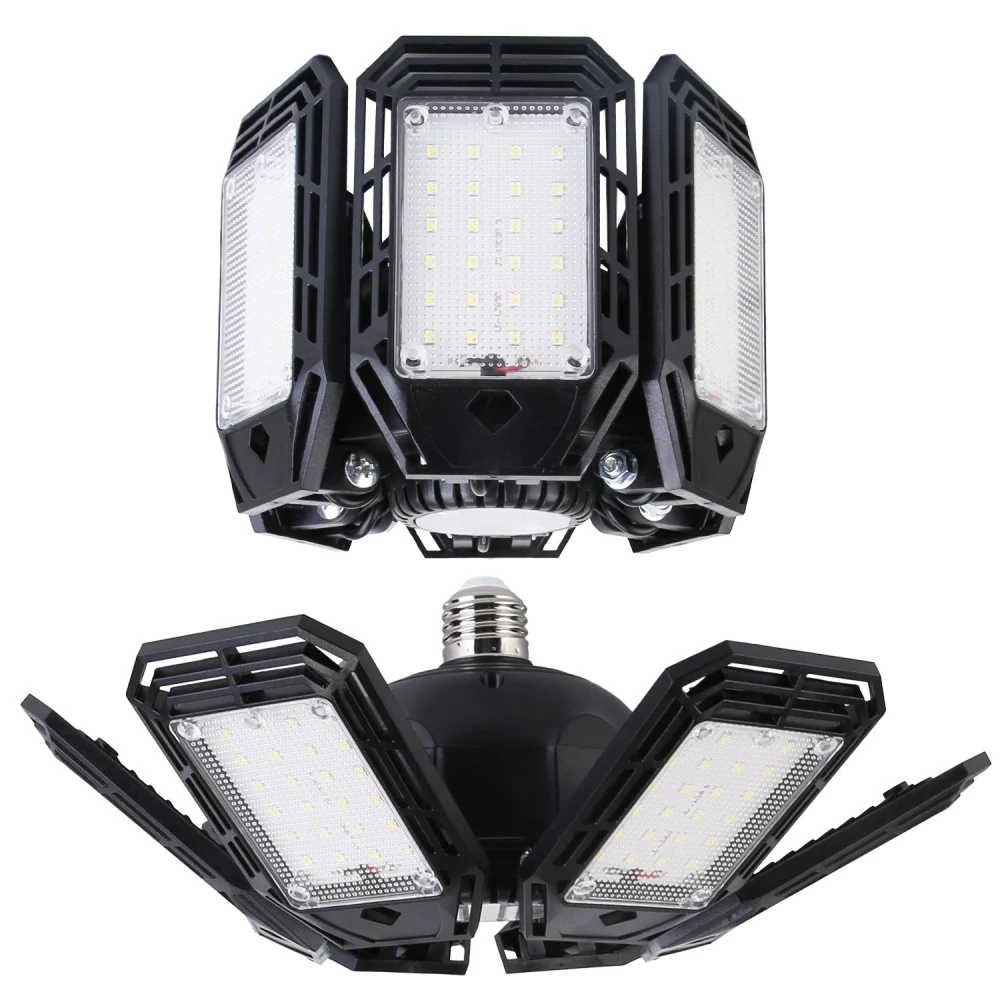 High-output LED garage light with adjustable panels, featuring a durable black design for maximum brightness and coverage.