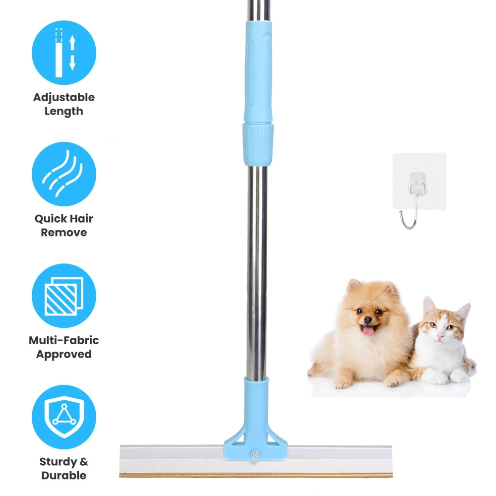 Adjustable pet hair remover tool with sturdy aluminum frame and soft grip handle, designed for quick hair removal from multiple fabric surfaces, featuring a cute cat and dog in the background.