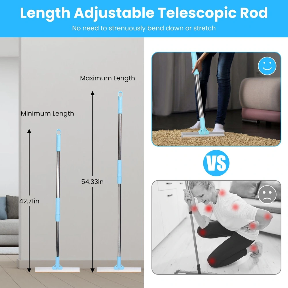 Length adjustable telescopic rod shown in an image with minimum and maximum lengths marked, demonstrating ease of use while cleaning without bending or stretching; includes comparison of ergonomic benefits with a traditional cleaning method.