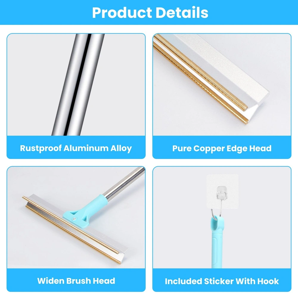 Product image showcasing a rustproof aluminum alloy squeegee with a pure copper edge head, a wide brush head for efficient cleaning, and an included sticker with hook for easy storage.