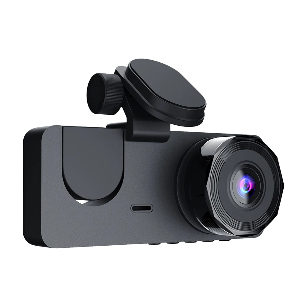 Sleek black car dash cam with a wide-angle lens and magnetic mount, designed for high-definition video recording and easy installation.