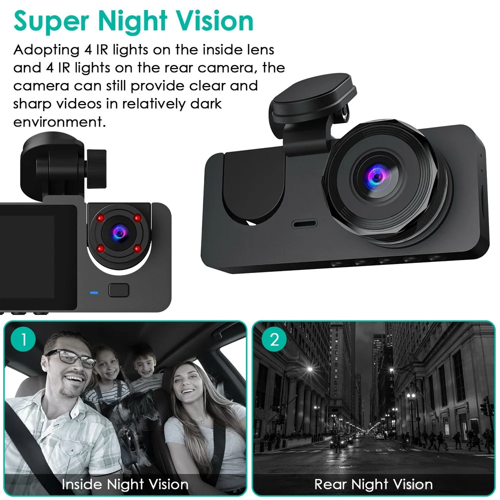 Car dash camera with super night vision technology, featuring dual IR lights for clear nighttime recording; image includes a view of inside and rear night vision footage.