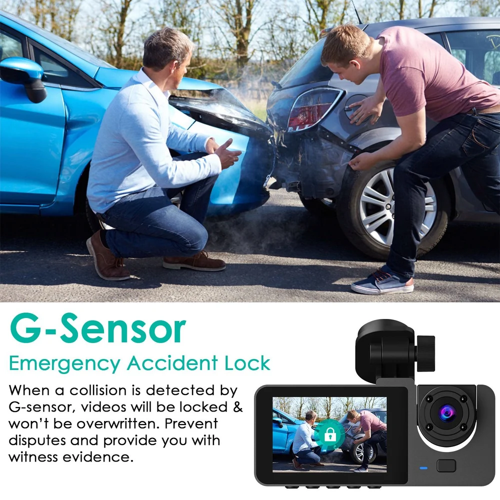 Image of a car accident scene showing two men inspecting the damage to their vehicles, with a focus on a dashboard camera featuring a G-Sensor for emergency accident locking to help with disputes and provide evidence.