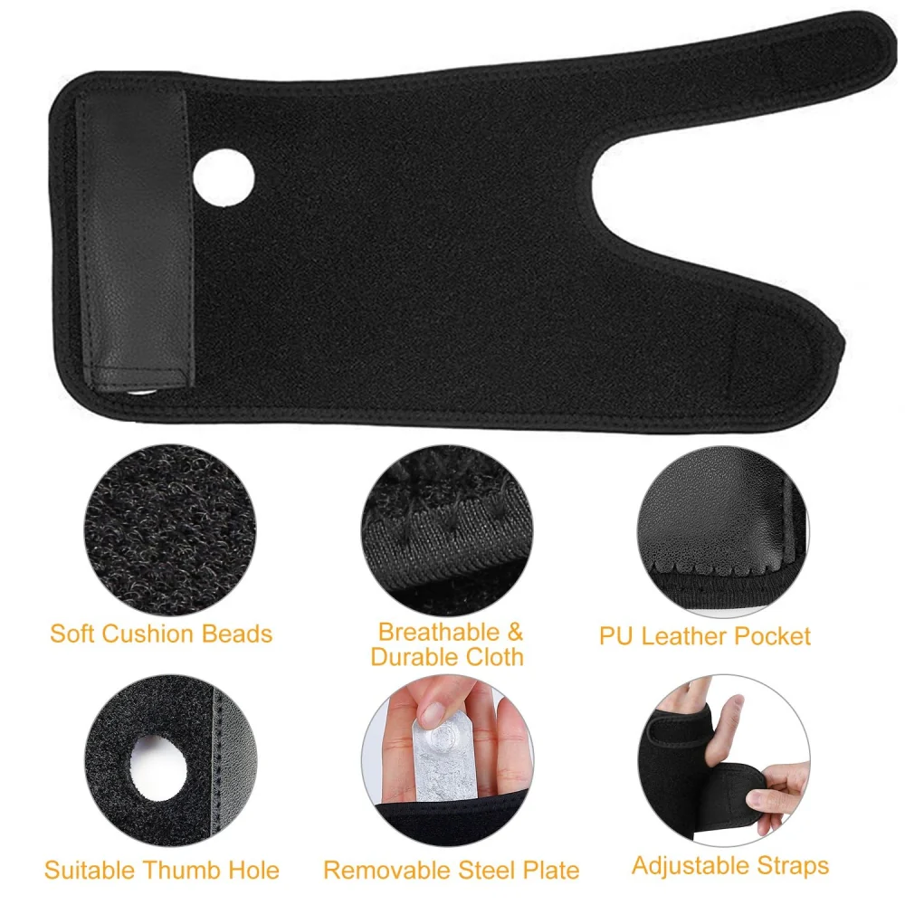 Black wrist support brace featuring soft cushion beads, a breathable cloth design, a thumb hole, a removable steel plate, and adjustable straps for a customized fit.