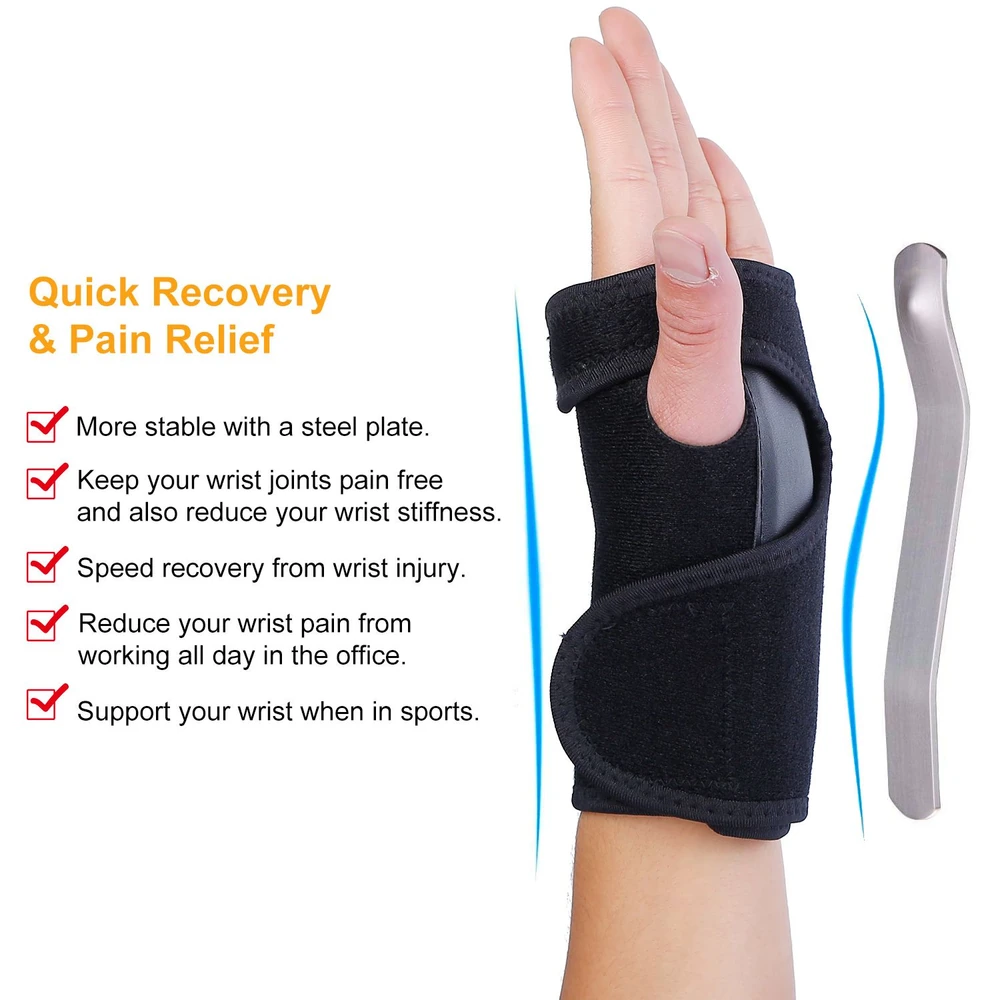 Wrist support brace with steel plate for pain relief, featuring adjustable design for stability, ideal for sports and recovery from wrist injuries.