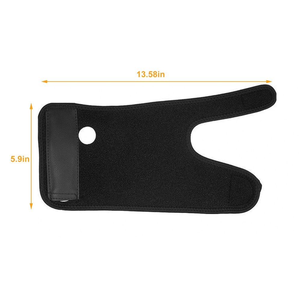 Black wrist brace measuring 13.58 inches long and 5.9 inches wide, designed for support and immobilization of the wrist and hand while featuring a thumb hole and adjustable strap for a secure fit.