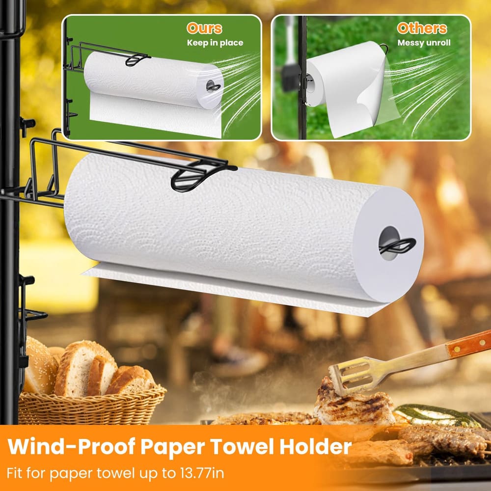 Wind-proof paper towel holder showcasing a secure roll of paper towels that prevents unrolling in windy conditions, designed for towels up to 13.77 inches wide, ideal for outdoor cooking and picnics.