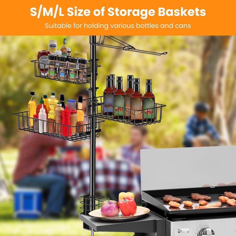 Storage baskets for outdoor grilling, featuring small, medium, and large sizes, ideal for organizing various bottles, cans, and condiments while grilling, with a vibrant picnic background.