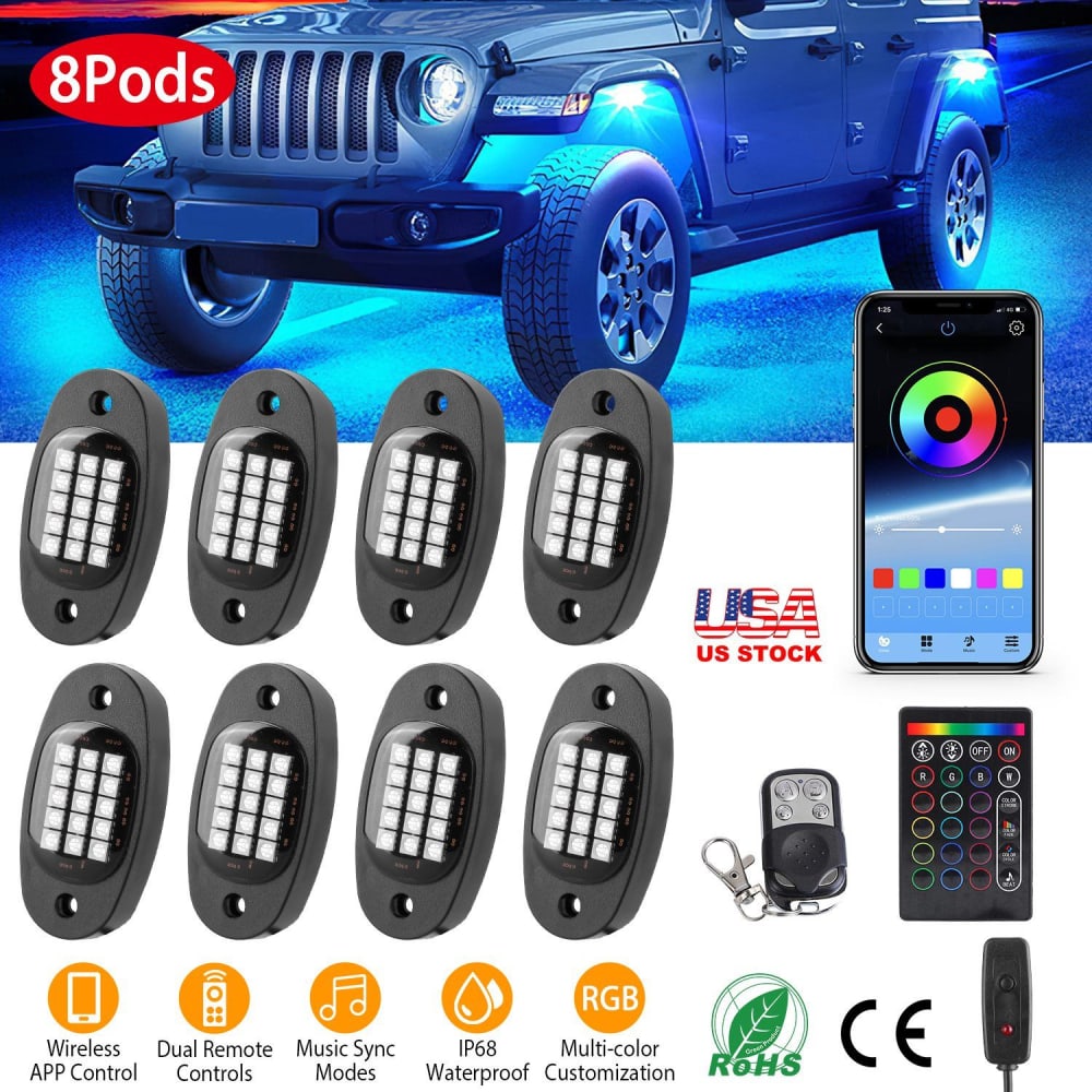 RGB LED light pod kit with wireless app control, featuring 8 customizable pods, dual remote controls, music sync modes, and IP68 waterproof rating for vehicles.
