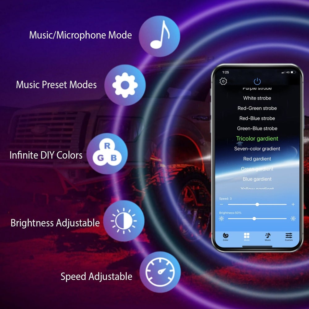 App interface showcasing customizable LED light features including music mode, brightness adjustment, speed settings, and endless DIY color options, overlaid on a vibrant background with glowing graphics.