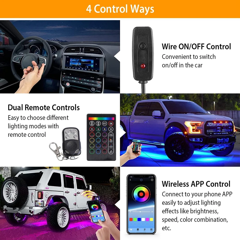 LED car light kit with four control options, including wire ON/OFF, dual remote controls, and smartphone app control, showcasing vibrant underglow lighting on a white off-road vehicle.