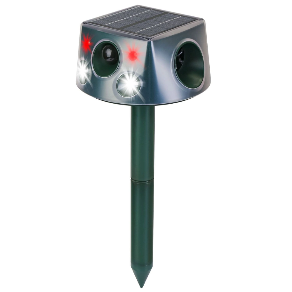 Solar-powered garden pest repeller device with flashing red and white lights, designed to deter unwanted animals from lawns and gardens.