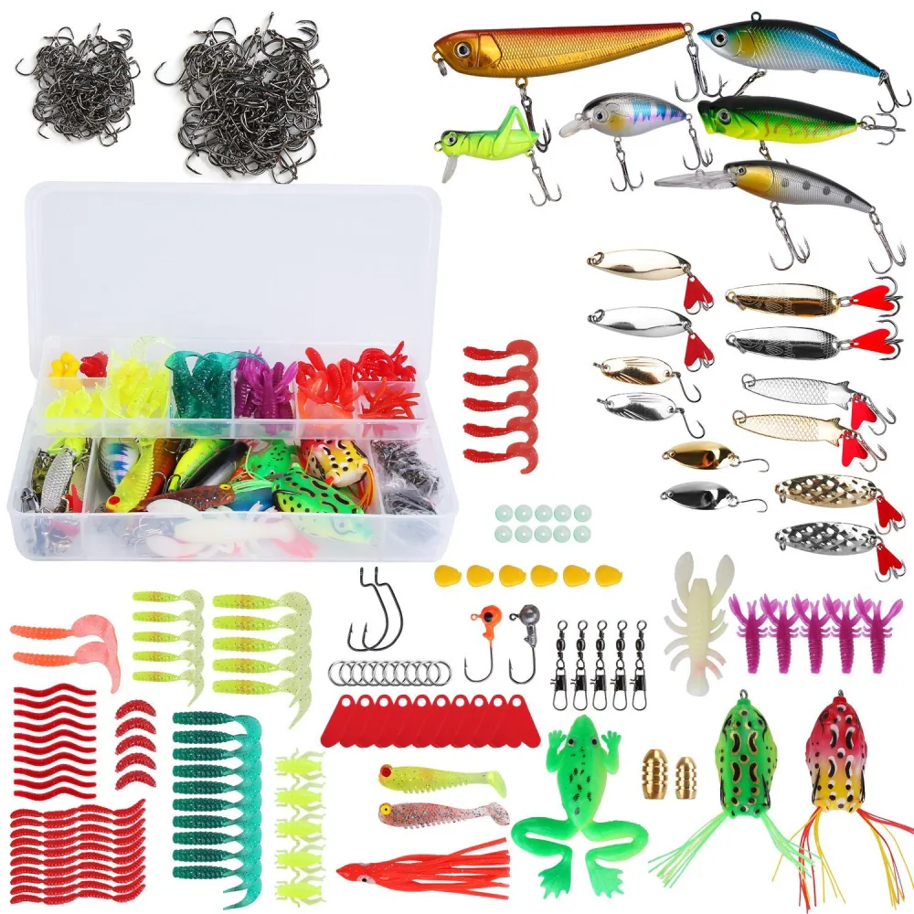 Assorted fishing lures, hooks, and accessories neatly organized in a clear tackle box, featuring bright colors, various shapes, and sizes for enhanced fishing experience.