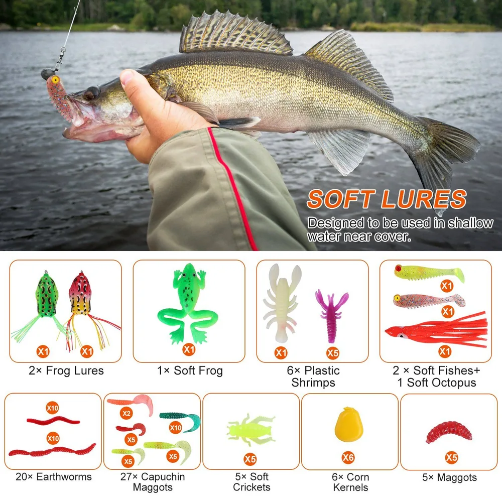A person holding a freshly caught walleye fish while fishing with soft lures in a scenic lakeside setting, showcasing various types of fishing baits including frog lures, soft crickets, and maggots.