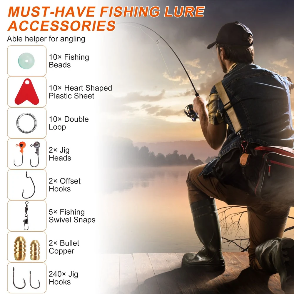 A man fishing at sunset with various fishing lure accessories listed, including beads, hooks, and plastic sheets, showcasing essential tools for anglers.