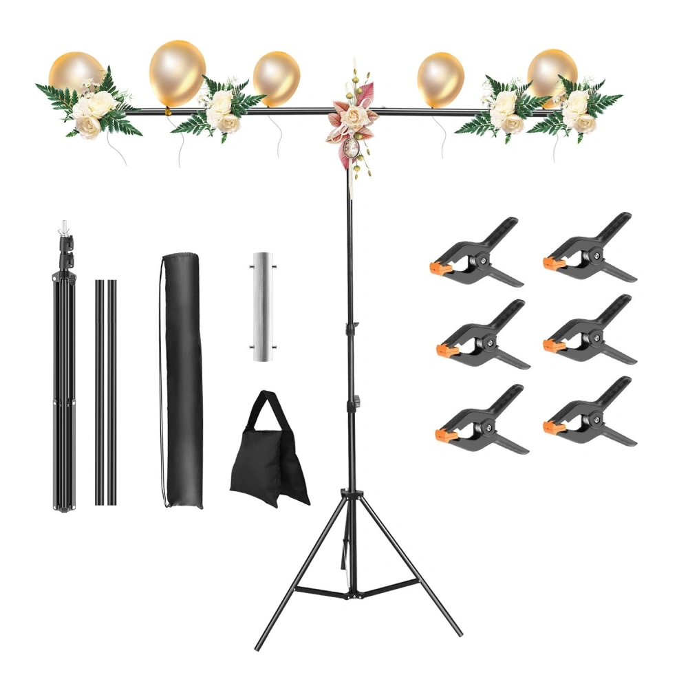 Party backdrop stand kit with golden balloons, floral decorations, clamps, carrying bag, and collapsible support for celebrations and events.
