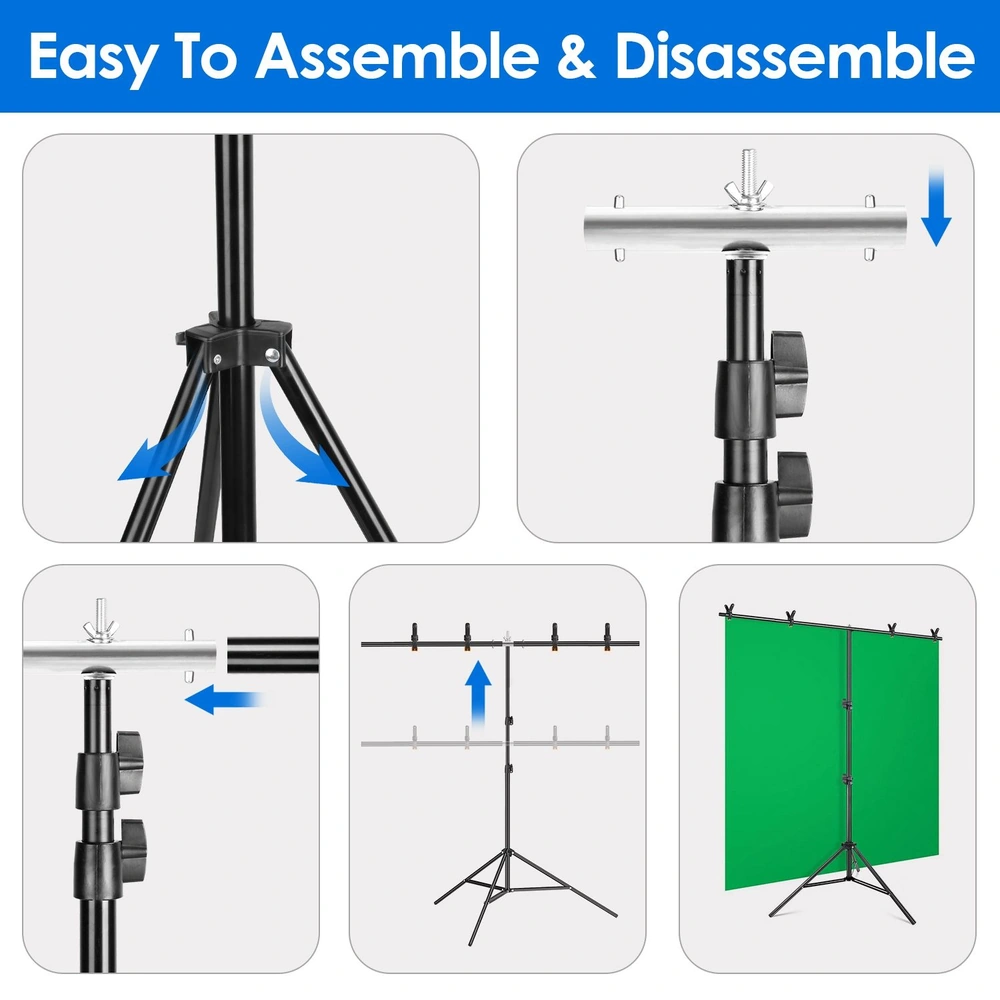 Instructional image showing an easy-to-assemble photography backdrop stand with labeled steps for assembly and disassembly, featuring a green backdrop.