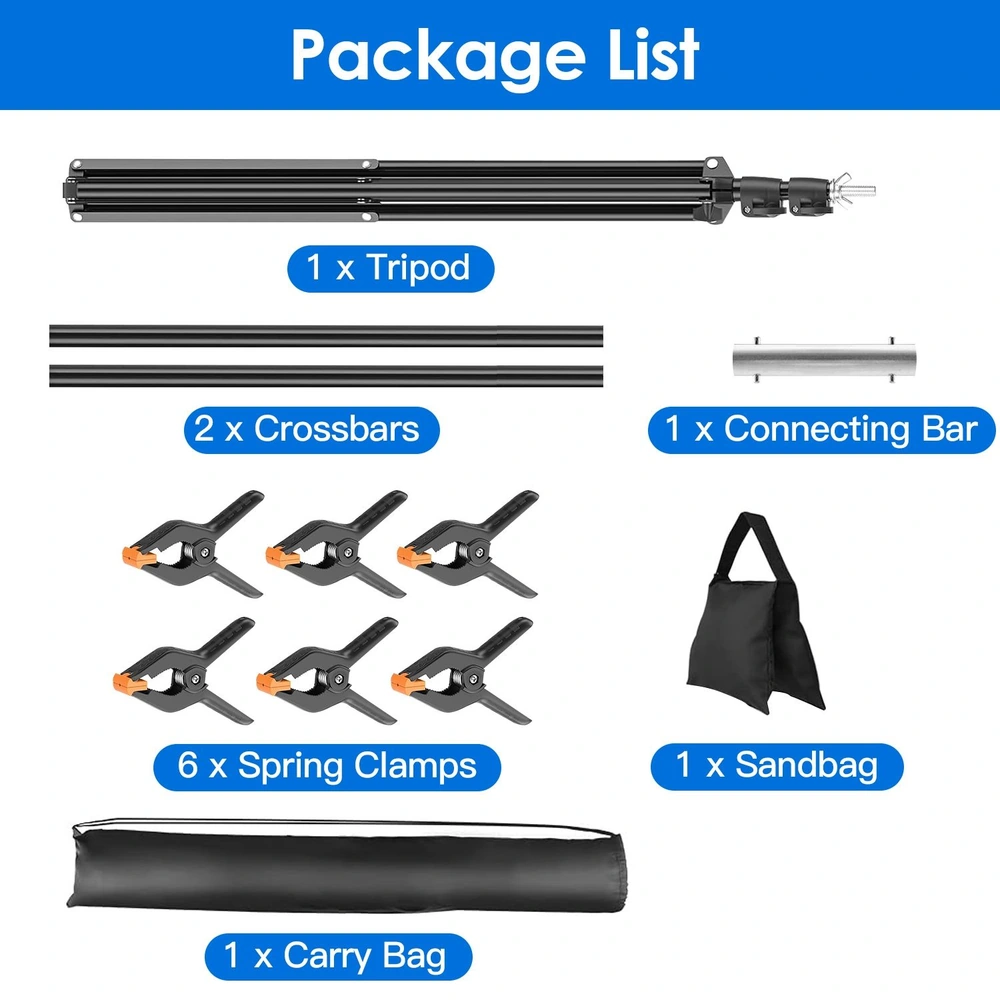 Package list image for photography backdrop support system, including tripod, crossbars, connecting bar, spring clamps, sandbag, and carry bag.