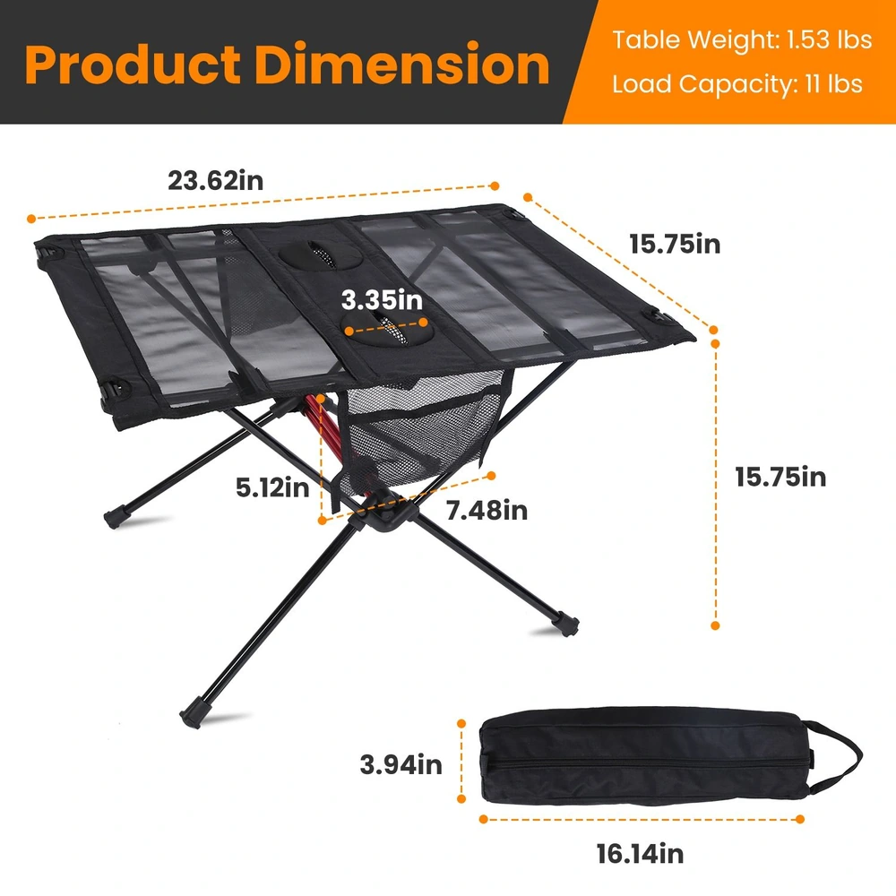 Compact portable folding table with dimensions labeled, showcasing its lightweight design of 1.53 lbs and a load capacity of 11 lbs.