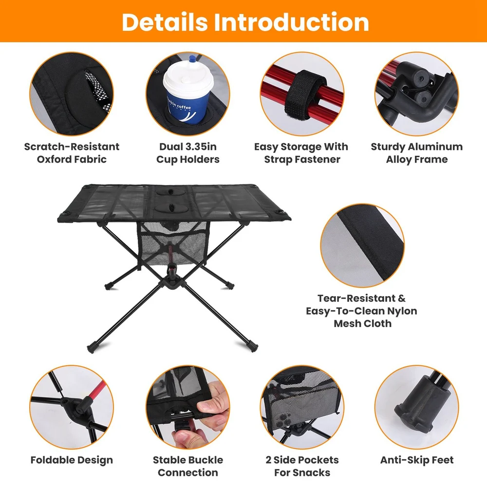 Portable outdoor folding table with scratch-resistant fabric, dual cup holders, and sturdy aluminum alloy frame, featuring a tear-resistant nylon mesh top, snack pockets, and anti-skip feet for stability.