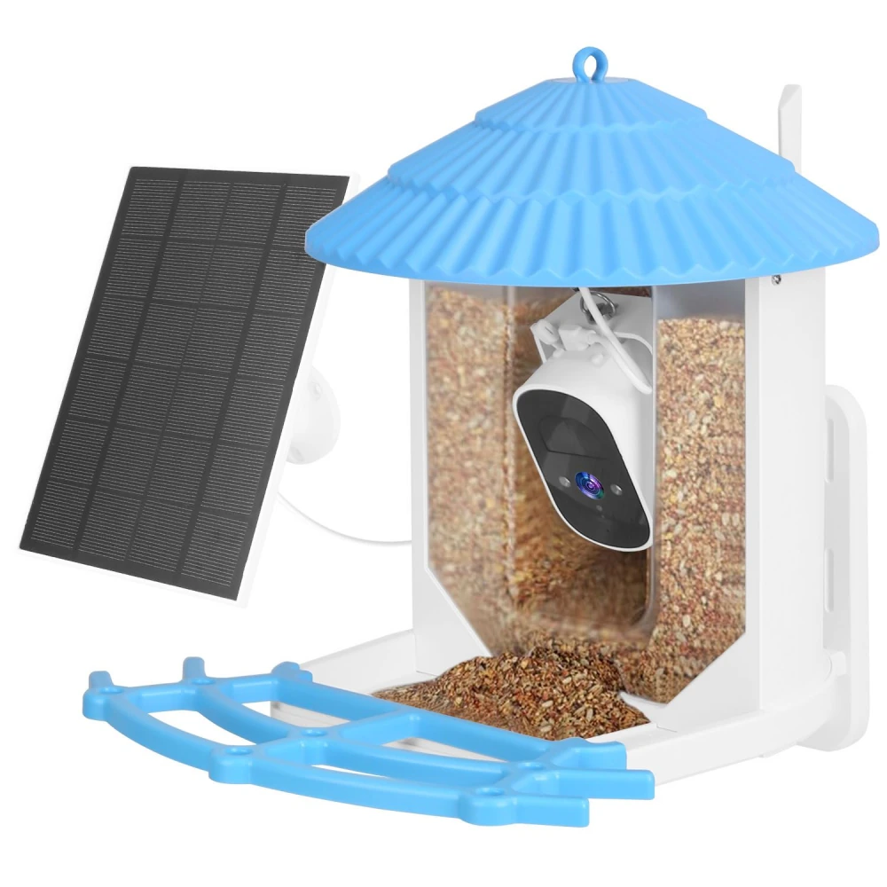 Solar-powered bird feeder with a blue roof, transparent container filled with birdseed, and integrated camera for monitoring.